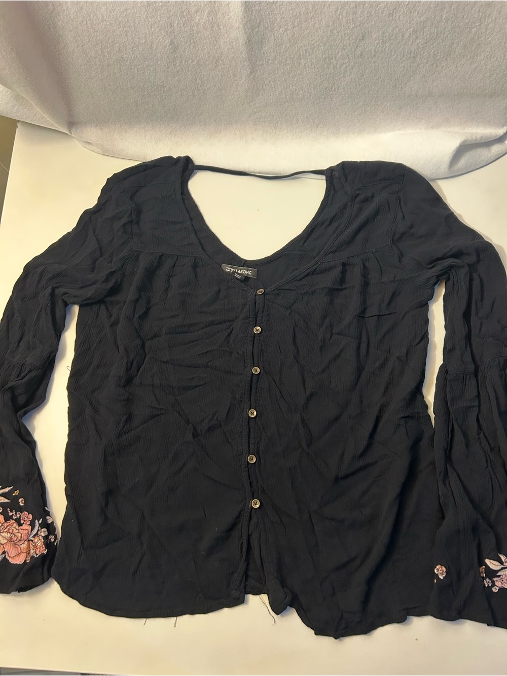 Billabong Black Button-Front Women's Top with Floral Cuff Embroidery